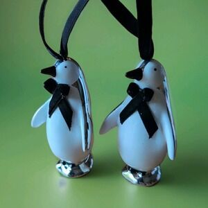 Penguins Silver/ White & Black Elegant Christmas Ornaments (Lot 2)  4" Tall EUC